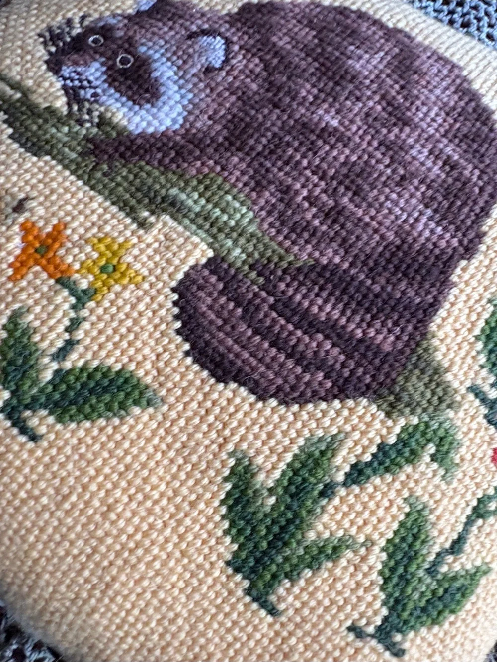 Vintage Mustard Yellow Needlepoint Raccoon Accent Pillow
